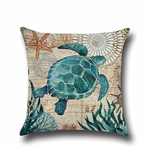 oFloral Pillow Cover Sea Turtle Cotton Linen Square Throw Pillow Case Cushion Cover for Home Sofa Couch Living Room Decorative 18"x 18"inch Blue