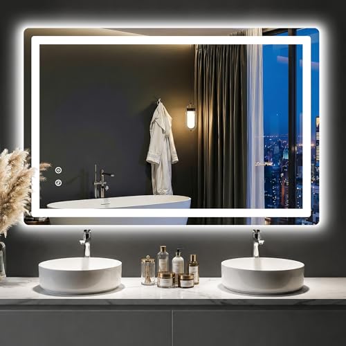 Image of LED Bathroom Mirror with Lights, 30 inchx45 inch Lighted Vanity Mirror for Wall | Anti-Fog, Dimmable 3 Color Light, Backlit+Frontlit, Shatterproof Tempered Glass, Memory Function