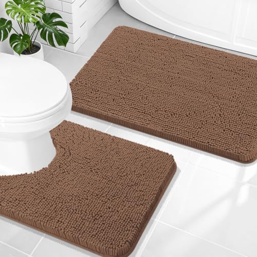 Image of OLANLY Bathroom Rugs Sets 2 Piece, Soft Absorbent Chenille Bath Mats and U-Shaped Contour Toilet Mat Area Rug Set, Machine Washable Bath Carpet, Home Decor Accessories(30 inchx20 inch+24 inchx20 inch, Mocha)
