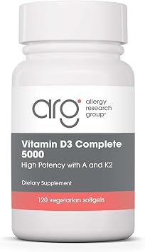 Allergy Research Group Vitamin D3 Complete 5000 - Delivers 125 mcg Vitamin D3 - with Vitamin A & K2 - Supports Bone Strength, Immune Balance & Healthy Mindset - 120 Servings - 120 Capsules