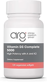 Allergy Research Group Vitamin D3 Complete 5000 - Delivers 125 mcg Vitamin D3 - with Vitamin A & K2 - Supports Bone Strength, Immune Balance & Healthy Mindset - 120 Servings - 120 Capsules