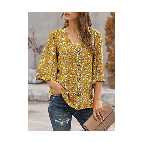 Ecrocoo Summer Tops for Women Ladies Juniors Teen Girls Fashion Casual Stylish V Neck Bell Sleeve Boho Flower Pattern Button Down Tops Loose Fitting Flowy Flutter Blouses Shirts for Vacation,Yellow L
