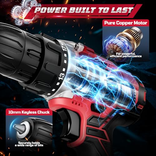 20V Cordless Drill Set,Electric Power Drill Cordless,Power Drill Drivers,Electric Screwdriver - 2.0Ah Batteries, 30Nm，21+1 Torque,2 Speed,34pcs Acessories,Built-in LED,Kit for Home,Red by Rivlox - Image 6