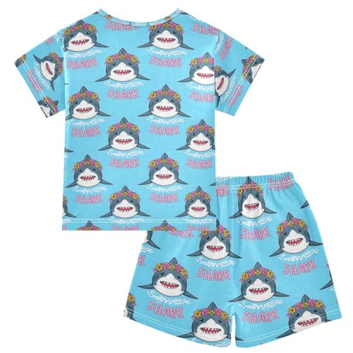 ALAZA Shark with Flower Wreath Blue Pajamas Set Short Sleeve Cotton Sleepwear Summer Pjs 2 Piece 5-14Y2
