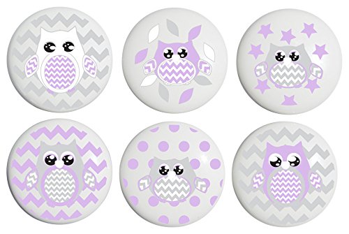 Purple Owl Drawer Pulls/Owl Ceramic Nursery Cabinet Knobs, Set of 6 (Purple Owls)