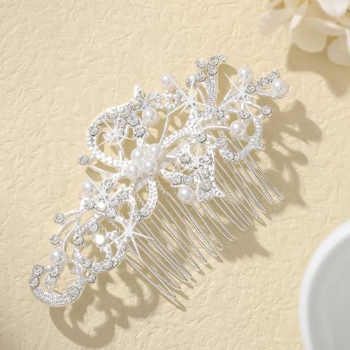 Latious Crystal Bride Wedding Hair Comb Silver Pearl Bridal Hair Clip Crystal Hair Piece Prom Hair Accessories for Women and Girls