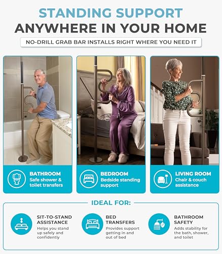 Image of Stander Wonder Pole Plus with Rotating Double Grab Bar, Tension Mounted Security Pole for Seniors & Elderly Adults, No-Drill Floor to Ceiling Transfer Pole for Home & Bath Safety, Bronze