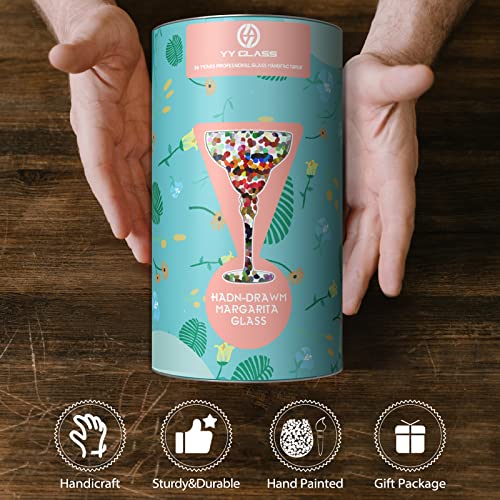 Yy Hand Painted Margarita Glass - Moroccan Collection - Hand Painted Glassware By Artists - Unique And Decorative Margarita Glasses, Kitchen Table Décor (Blue Lines) #TOP4