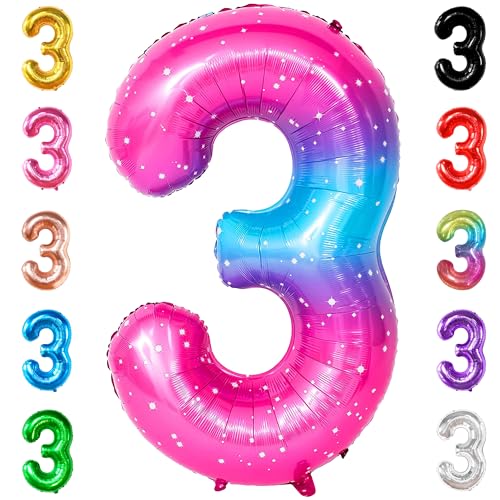Image of KatchOn, Rainbow 40 Inch 3 Balloon - Pink Blue | 3rd Birthday Decorations | Unicorn Party