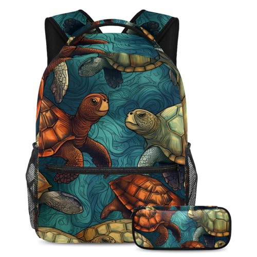 Cartables grande capacité lot de 2 avec trousse vintage tortues colorées style rétro grand format