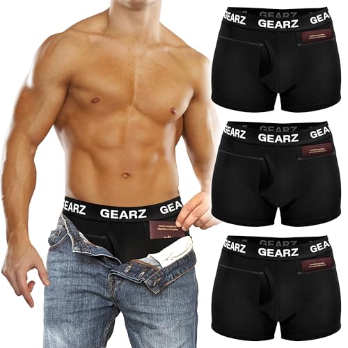 GEARZ 3 Packs Men's Hidden Pocket Boxer Briefs with Fly - Pickpocket Proof Travel Underwear Pockets - Anti Theft Wallet