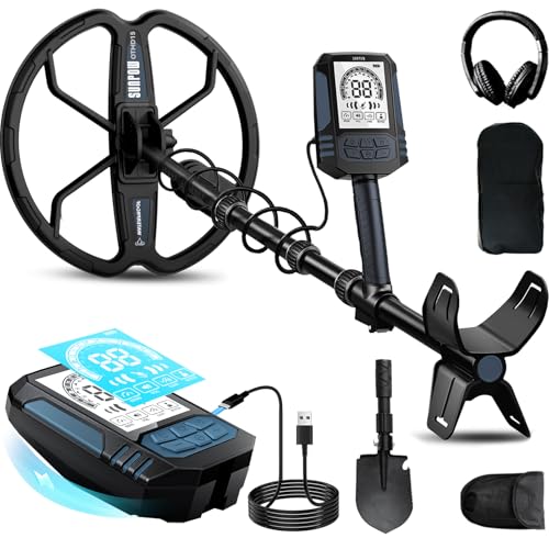 SUNPOW Rechargeable Metal Detector for Adults, 35H Battery Waterproof Gold Detector Kit, 10'' Deep Search Double-D Coil, High Accuracy Pinpointer for Beach, Saltwater & Yard – OTMD15