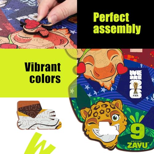 Image of FIFA World Cup 2026 Mascot Wooden Jigsaw Puzzle, 150 Pieces Unique-Shape Collector's Set (Clutch, Maple & Zayu) Official Merchandise - Fun for Kids & Adults, Ideal Soccer Fan Gift, 11.8 x 10.8 Inch