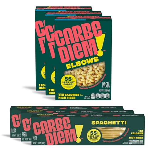 Carbe Diem!, Spaghetti & Elbow Bundle, Lower Net Carb Pasta with Traditional Flavor & Texture, 8 grams of Protein, 55% Fewer Net Carbs & Only 110 Calories Per Serving, 2 Packs of 3