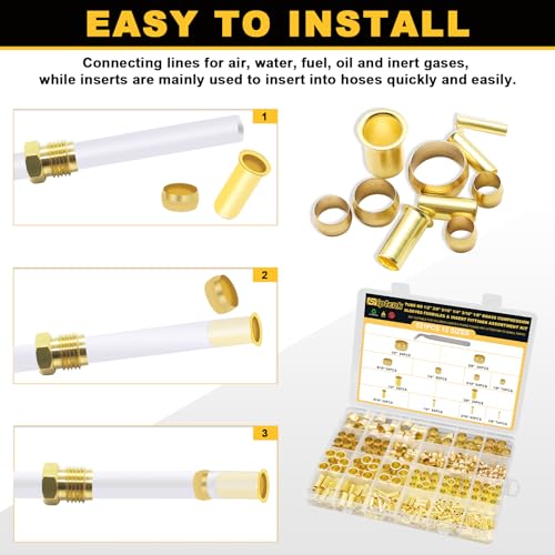 Image of Siptenk 520PCS Brass Compression Sleeves Ferrules Inserts Fittings Kit | 6 Sizes 1 /2 inch 3 /8 inch 5 /16 inch 1 /4 inch 3 /16 inch 1 /8 inch Air Brake Fittings for Air Water Fuel Oil with a Pair of Tweezer