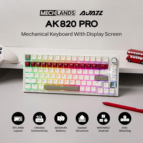 Image of MechLands Ajazz AK820 Pro 75% Wireless Gaming Keyboard with TFT Display Screen & Knob, Gasket Mechanical Creamy Keyboard, BT5.0 /2.4GHz /USB-C, RGB, NKRO for Win /Mac (Beige, Day Dream Switch)