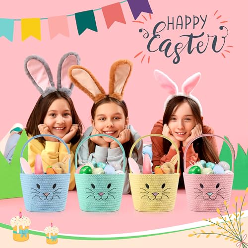 Image of Teenyyou 4 Pack Easter Basket Woven Bunny Baskets with Handles Eggs Hunt Bucket Rabbit Cotton Rope Tote for Baby's First Easter Basket Gift for Baby Toddler Boys Girls(Vivid)