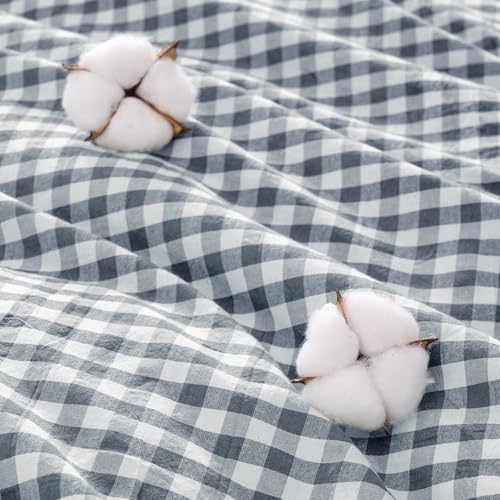 Image of Andency Blue Gingham Duvet Cover Full, 100% Wash Cotton Linen Like Textured Breathable Comforter Cover Set, 3 Piece Classic Yarn-Dyed Checkered Plaid Bedding Set, 79 inch*90 inch