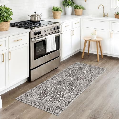 KUTA Vintage Floral Washable Runner Rug, 2x5 Runners Non-Slip Tan Grey 5ft Hallway Kitchen Rugs Ultra Soft Printed Distressed Tribal Farmhouse Carpet for Bedroom Entryway Decor
