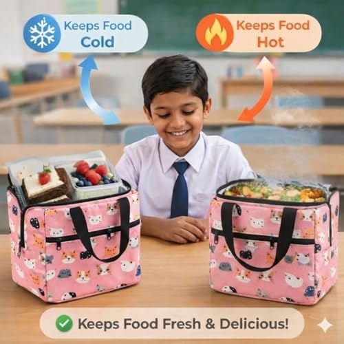 Image of Toy Imagine 5.6L Insulated Lunch Bag for Kids School Cute Cartoon Print Tiffin Bag Snack Tote Bag Compact Portable Leak Proof Tiffin Pouch Hot and Cold Lunch Box Bag for Boys & Girls(Cat Design Pink)