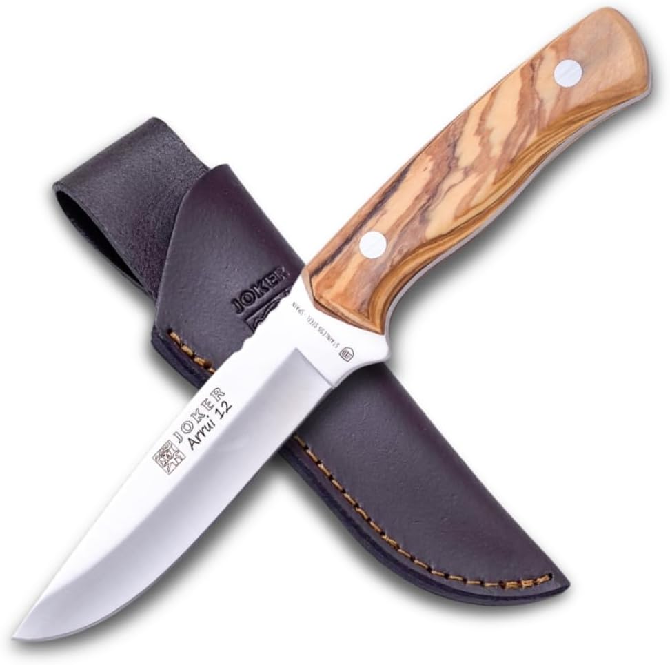 Joker Arrui Outdoor Knife - Full Tang Fixed Blade for Bushcraft and Hunting - 420 Stainless Steel & Olive Wood Handle - Includes Leather Sheath - Made in Spain (4.7")