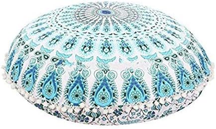 Devanshi Art Creations Cotton Peacock Mandala Round Bohemian Floor Pillow Covers (Blue)