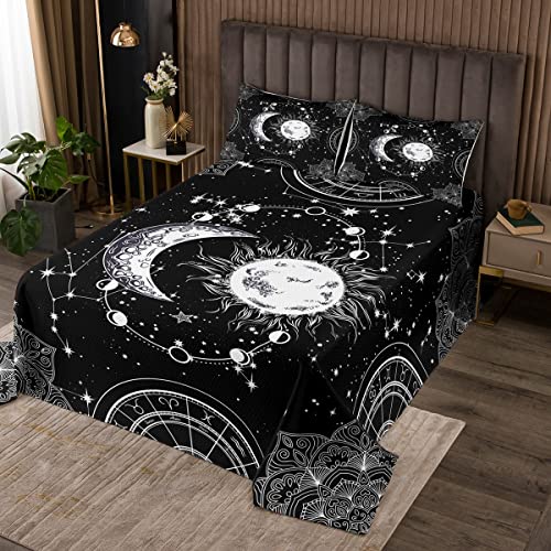 Feelyou Galaxy Bedspread Constellation Quilted Coverlet for Kids Boys Girls Teens Gothic Style Boho Mandala Coverlet Set Breathable Sun and Moon Quilted Black White Room Decor Twin Size