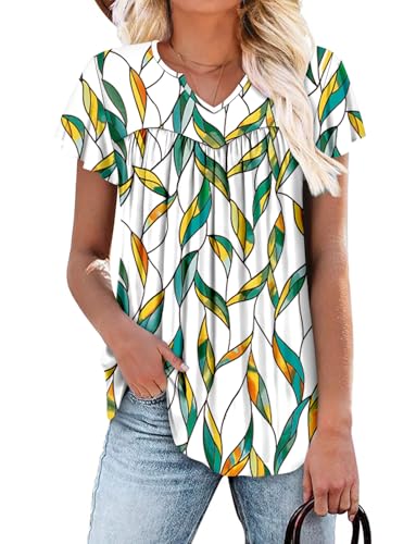 KISSMODA Tops for Womens Summer Cute Short Sleeve Shirts Trendy Notched Neck Blouses Casual Loose Pleated Tunics S-3Xl