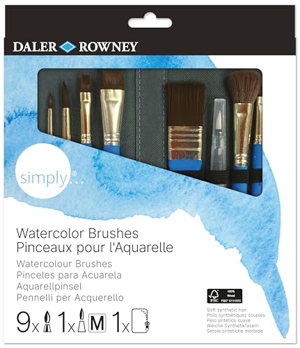 Daler-Rowney Simply Pinceles para Acuarela, Pelo sintético Suave, Mango Corto, Estuche con Cremallera, Surtido de 10 Pinceles