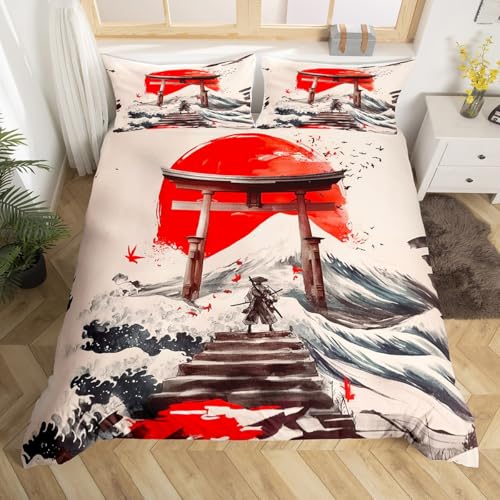 Homemissing Japonais Ukiyoe Housse de Couette 220x240cm Filles Adultes Style Japonais Parure de Lit Japon Samuraï Ensemble de Literie Coucher de Soleil Rouge...