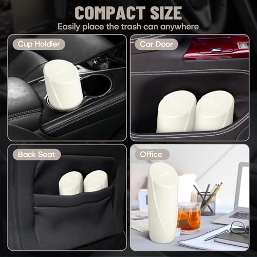 Image of Car Trash Can Bin with Lid - Car Garbage Can Cup Holder - Cream Mini Leakproof Vehicle Garbage Bin with 20pcs Trash Bags-Automotive Organizers and Storage for Front Back Seat Accessories