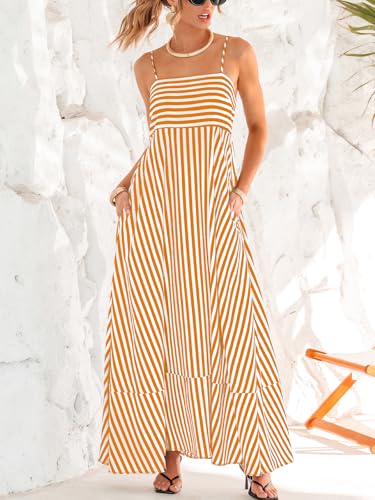 Image of CUPSHE Womens Summer Maxi Dress Casual Sleeveless Square Neck Striped Beach Long Dress with Pockets