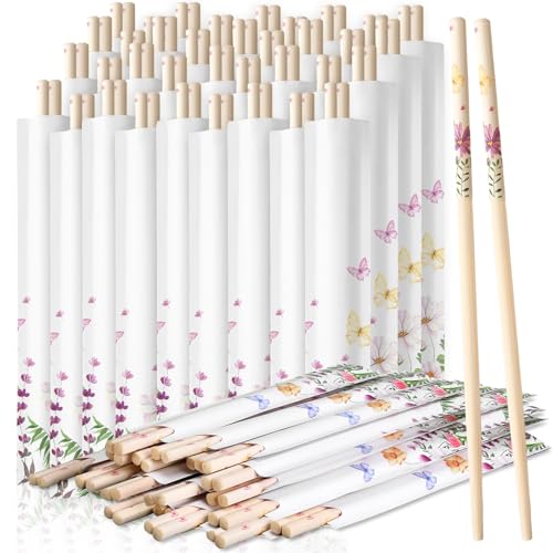 Image of 50 Pairs Wildflower Disposable Bamboo Chopsticks Bulk Sleeved | Cherry Wildflower for Wedding Favors, Asian Takeout, Picnic Party, Catering Restaurant Supply, Paper Wrapped Sleeves