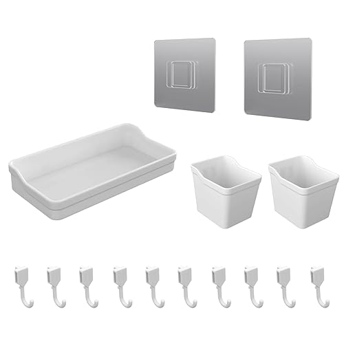 EVDBOBO Pegboard Wall Organization Accessories Pack - 25 Pieces of White Hooks, Storage Bins & Fastening Strips (White) - White