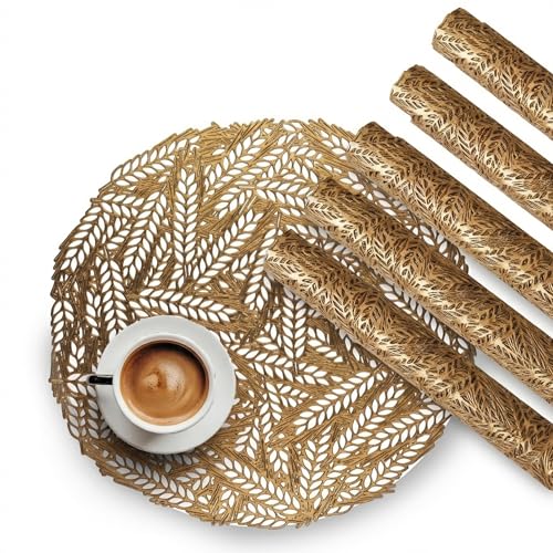 Image of Kuber Industries Leather Round Table Mats Set of 6 | Washable Placemat /Dining Table Mat for Wedding and Family Functions | Leaf Design - Golden