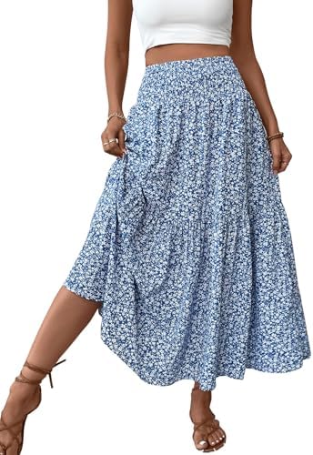 PRSFPN Women's Boho Maxi Skirt Floral Printed Smocked High Waist ...