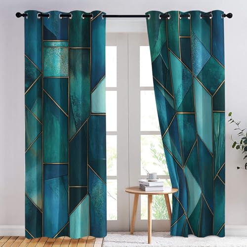 Geometric Blackout Curtains, Teal Modern Curtains for Bedroom Living Room, 108 Inch Drop Drapes, Eyelet Thermal Curtains, Window Treatments, 2 Panels - Image 2