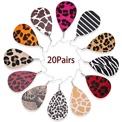 Hicarer 20 Pieces Leather Earrings for Women Petal Leopard Print Teardrop Dangle Earrings(Solid Teardrop Style)3