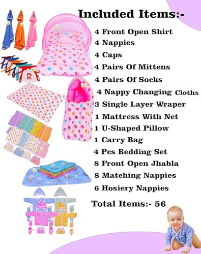 Image of Toddylon New Born Baby Essentials Kit 56 Combo Set (0-6 Months) | Newborn Baby Hospital Bag Kit | Infant Combo Set for New Born | Newborns Baby Dress & Clothing Set | Infants Essentials Kit (Pink)