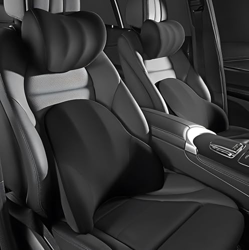 Memory Foam Car Lumbar Pillow and Car Neck Pillow Set with Adjustable Strap Headrest Waist Cushion Set Ergonomic Seat Cushion Breathable Fabric Relieve Driving Fatigue Body Comfort (Black)