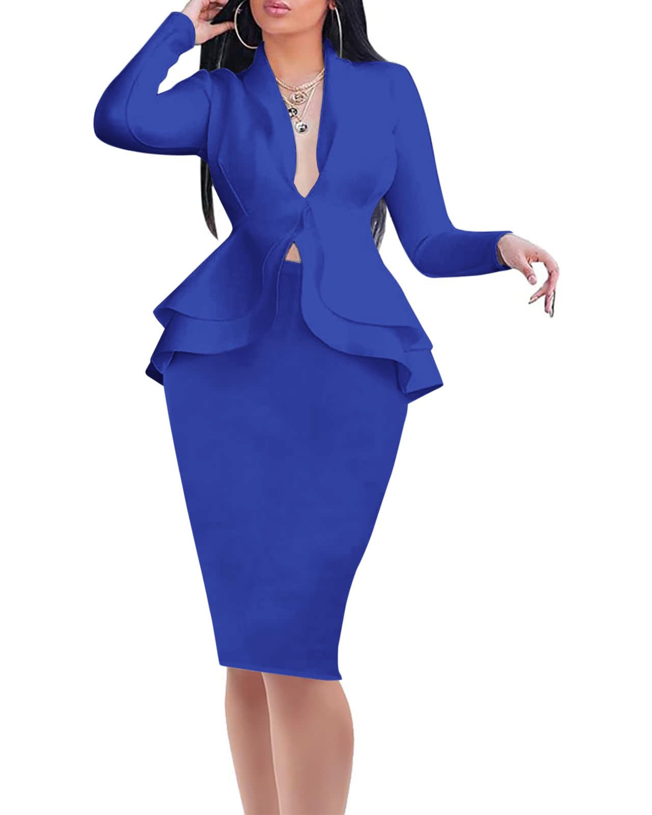 Two Piece Suit Sets Stretchy 2 Piece Outfits for Women Solid Blazer Jacket Skirts Sets