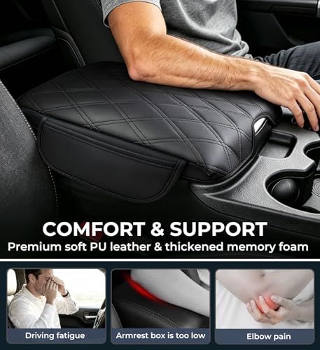 Image of Center Console Cover for Dodge Ram 1500 2013-2018 & Ram 2500 /3500 /1500 Classic Model 2013-2026, Fits Jump Seat Only, 1.2-Inch Thick PU Leather Armrest Cushion Protector with 2 Side Pockets