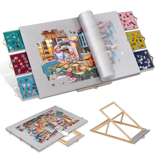 Tektalk Flannelette Covered Jigsaw Puzzle Table with Integrated Adjustable Stand & Cover, 3-Tilting-Angle Wooden Plateau Portable Puzzle Board with 6 Sorting Drawers, for Up to 1500 Pieces - Gray