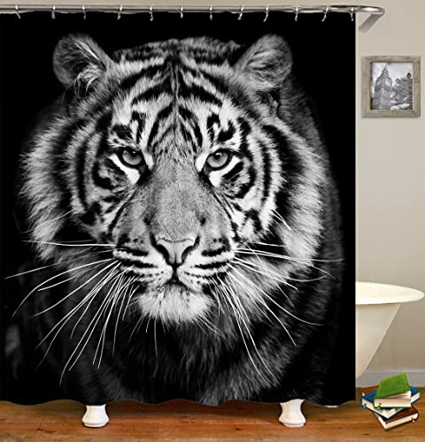 Huaziyu Wild Animal Ferocious Tiger Black And White Background Decoration Shower Curtain Sets For Bathroom Fabric Machine Washable Digital Printing Decor With 12 Hooks, 72 X 72 Inches #TOP5
