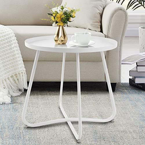 ECOMEX Patio Side Table, Outdoor Indoor End Table Metal Side Table Waterproof Round Metal End Table Weather Resistant Round End Table for Bedroom Living Room Patio Garden Balcony Yard Porch, White