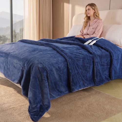 Electric Blanket King Size- Faux Rabbit Fur Heated Blanket 90"x100",Blue - image 5