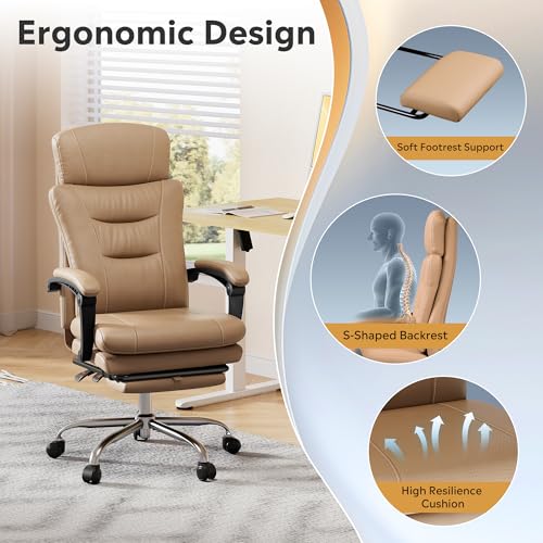 Image of DEVAISE Executive Leather Home Office Chair with Footrest, High Back and Heavy Duty, Comfortable Big and Tall Ergonomic Desk Chair with Lumbar Support, Comfy Reclining, SGS Class 4 Gas Lift, Brown