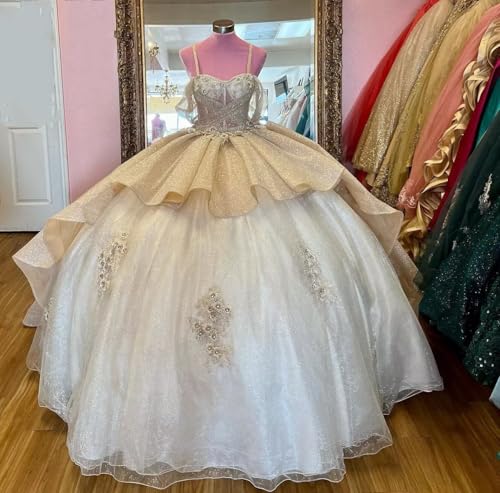 Boho Cold Shoulder Glitter Gold Fabric Flower Patterns Ball Gown Prom Quince Dresses Asymmetical Puffy Skirt 20254