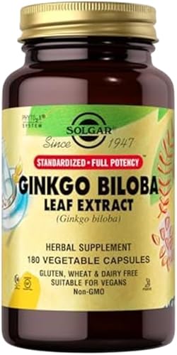 Solgar Extracto de hoja de Ginkgo Biloba - 180 cápsulas vegetales - Potencia completa estandarizada (SFP) - Sin OMG, vegano, sin gluten, sin