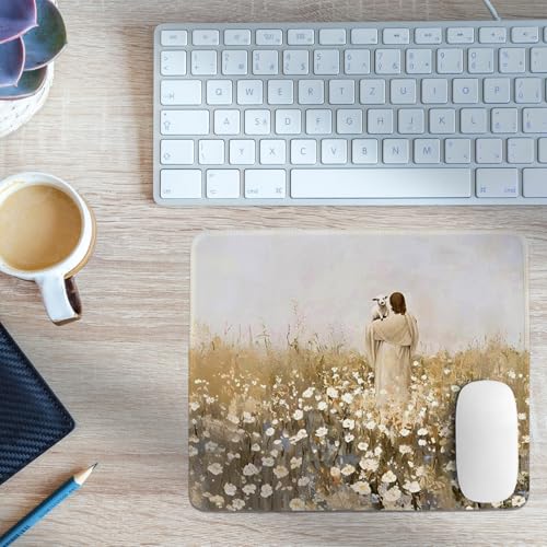 Image of Jesus Mouse Pad,Christian Mouse Pad,Vintage Easter Decor Desk Mat,White Floral Desk Mat,Christian Desk Accessories for Dorm Home Office Decor,Jesus Find The Lost Lamb,10.2x8.3 Inch